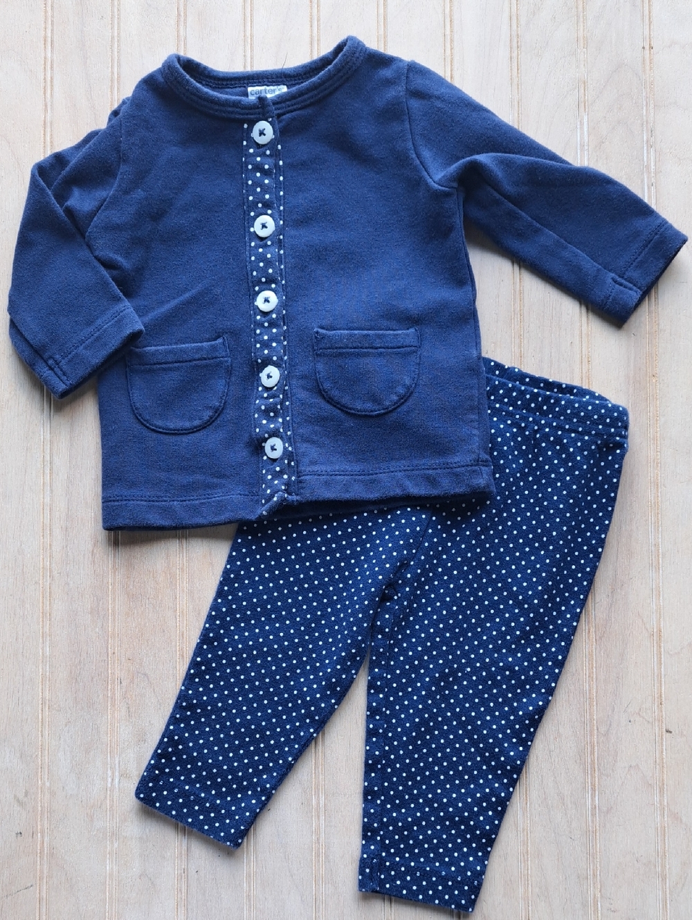 Carter's 2 Piece Navy Polka Dot Cardigan & Leggings Set 3-6M Stretch Comfy